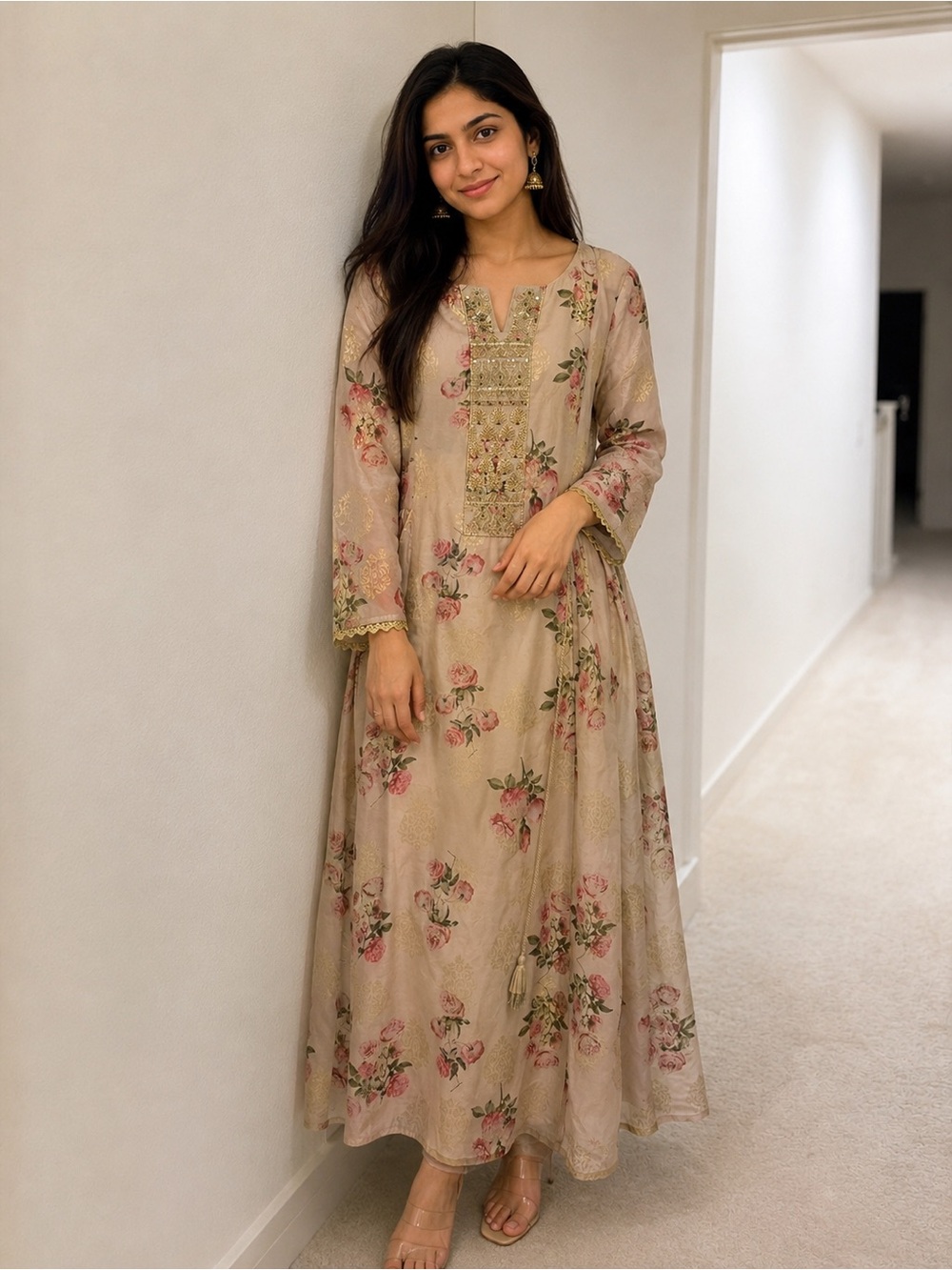 Floral Embroidered Beige Maxi Dress